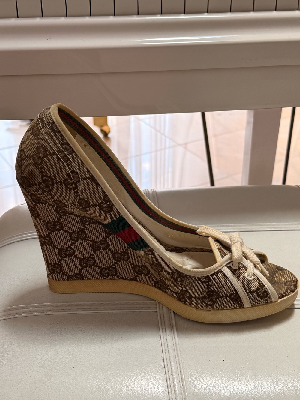 Gucci Brown Monogram Wedge Peep-Toe Pumps with Red-Green Web